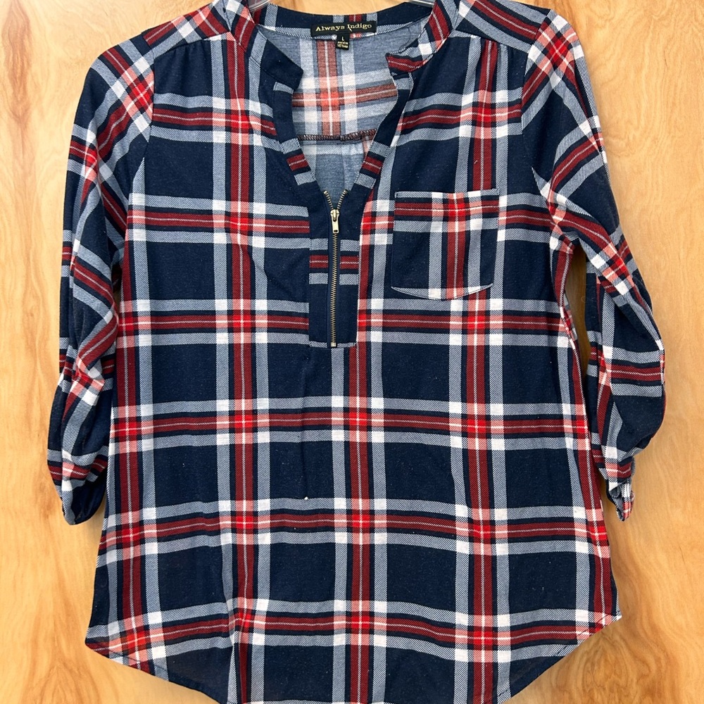 🌼3/$10🌼 Always Indigo red white blue patriotic plaid flannel shirt Size large